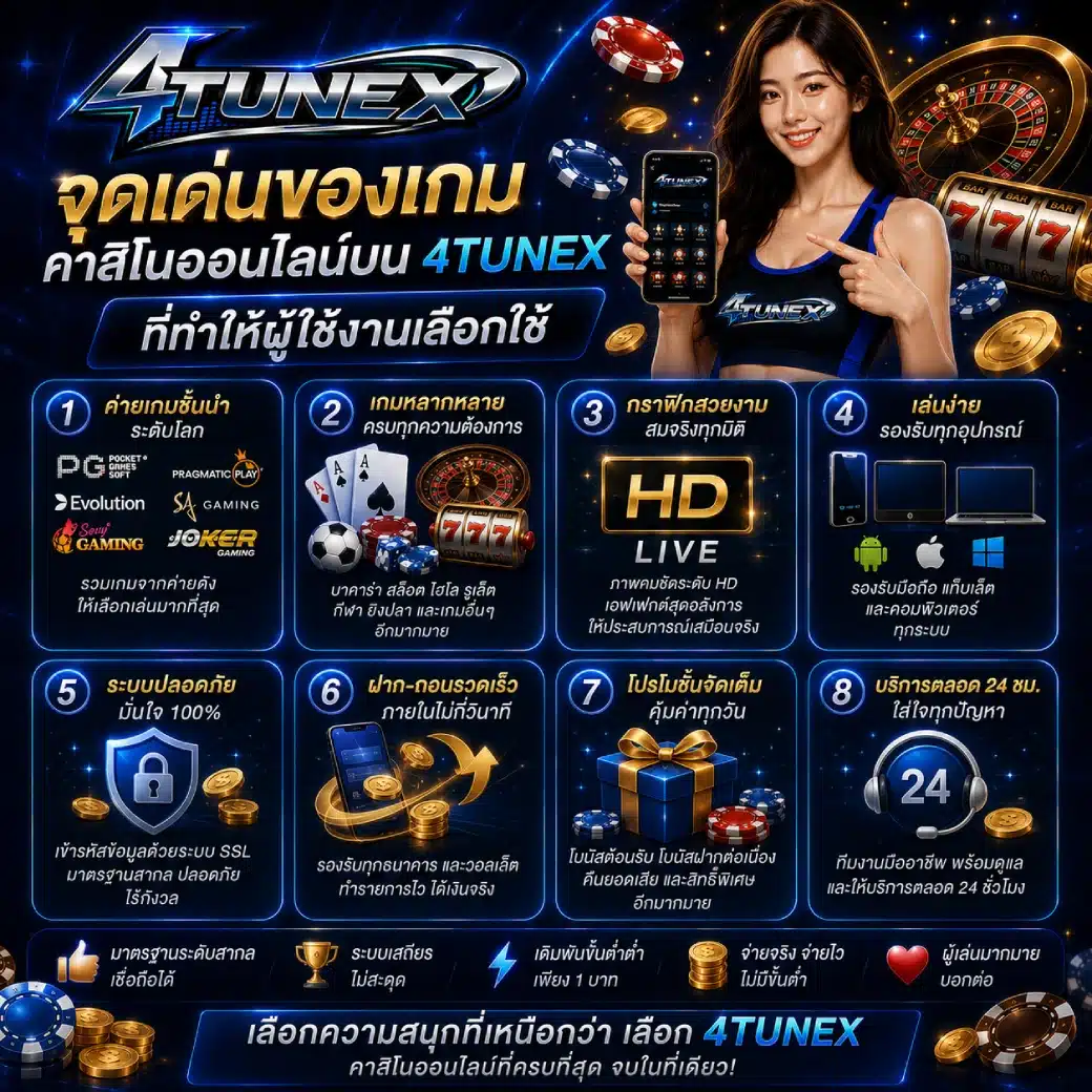 จุดเด่นของเกมคาสิโนออนไลน์บน 4TUNEX ที่ทำให้ผู้ใช้งานเลือกใช้