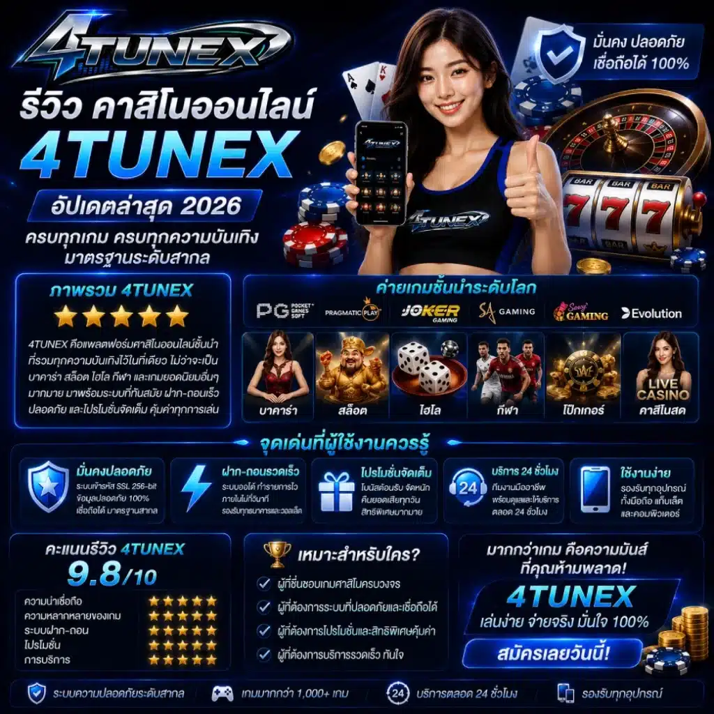 รีวิวคาสิโนออนไลน์ 4TUNEX อัปเดตล่าสุด พร้อมจุดเด่นที่ผู้ใช้งานควรรู้